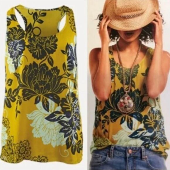 Cabi #286 Bali Yellow/Blue Floral Silk Blend Tank Top Medium Round Neck Blouse - Picture 2 of 11
